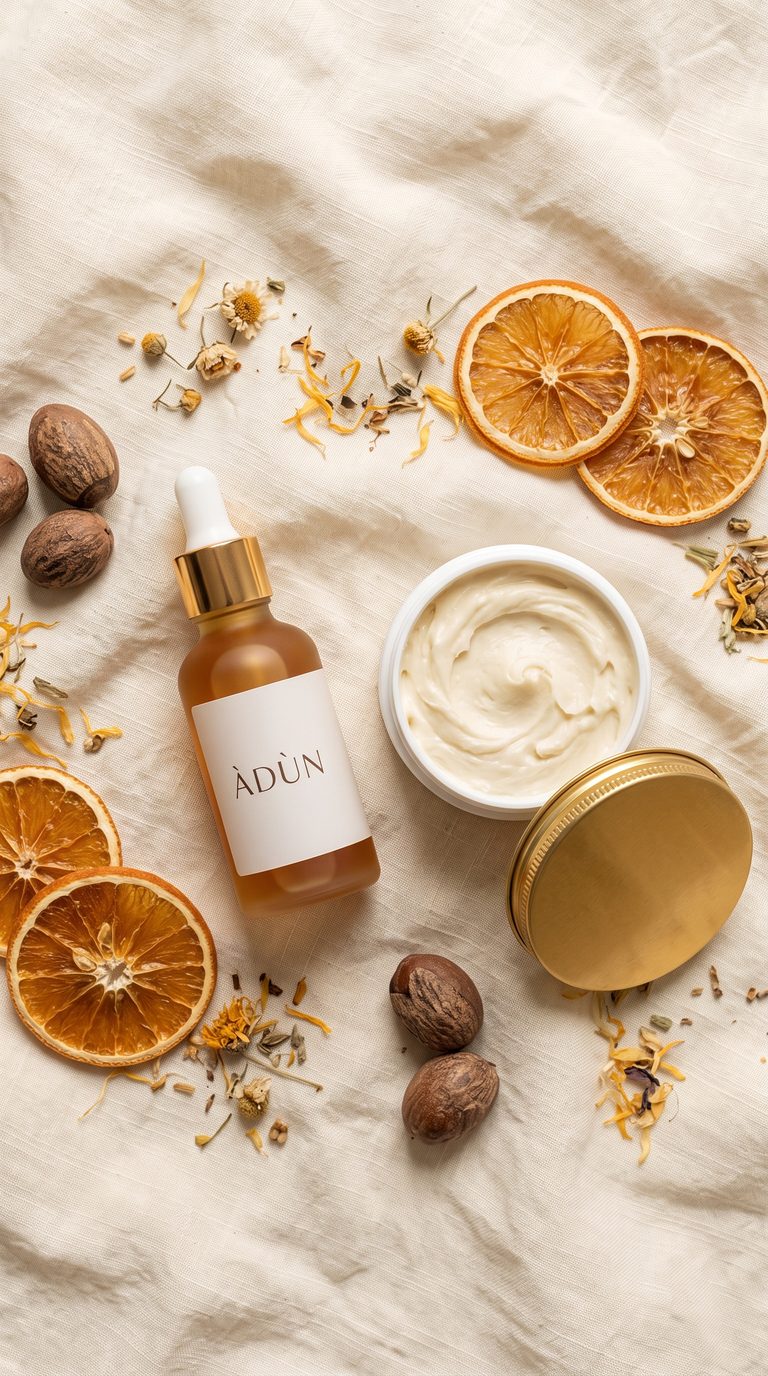Àdùn serum and body butter flat lay