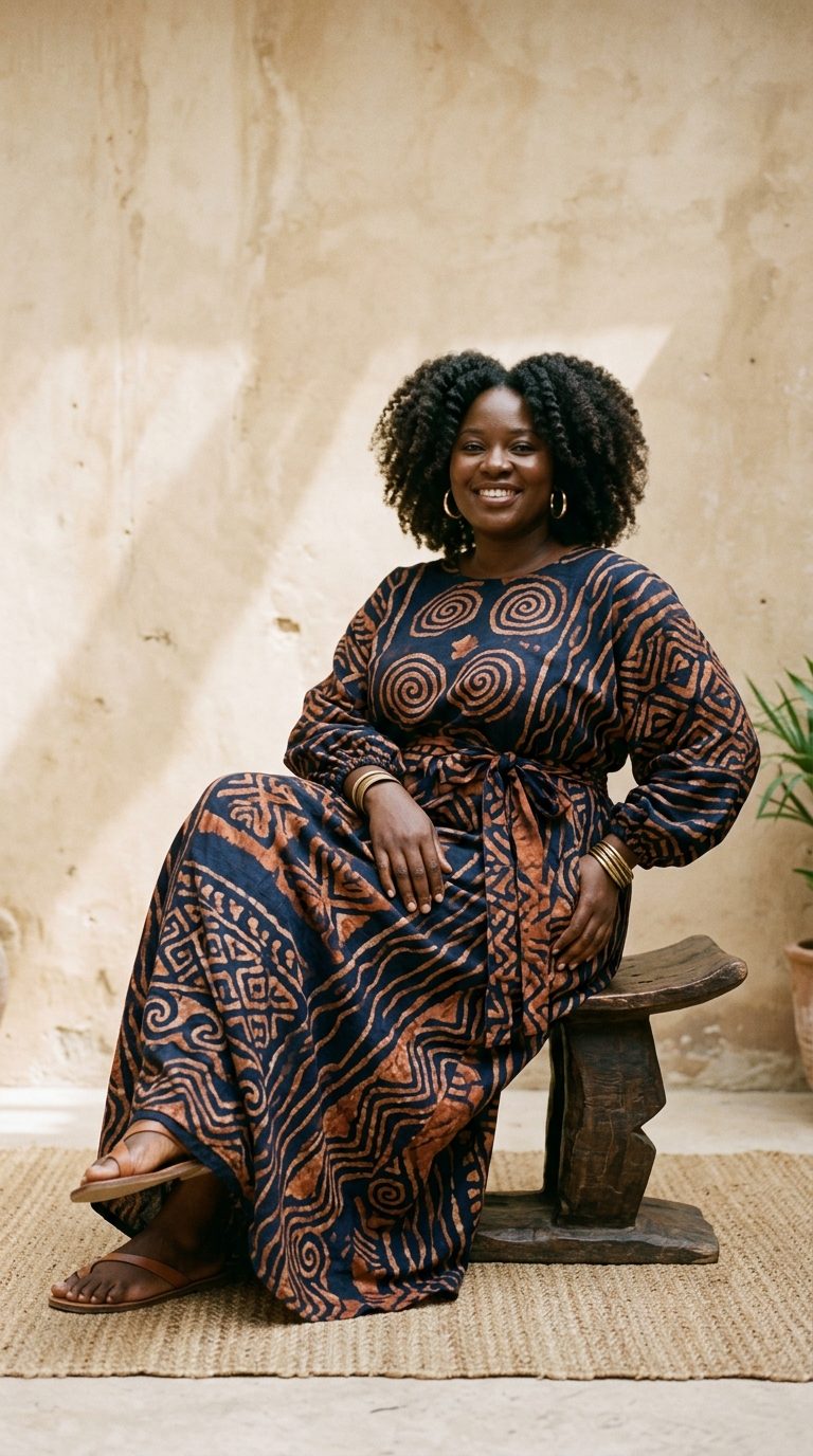 Model seated in adire maxi dress