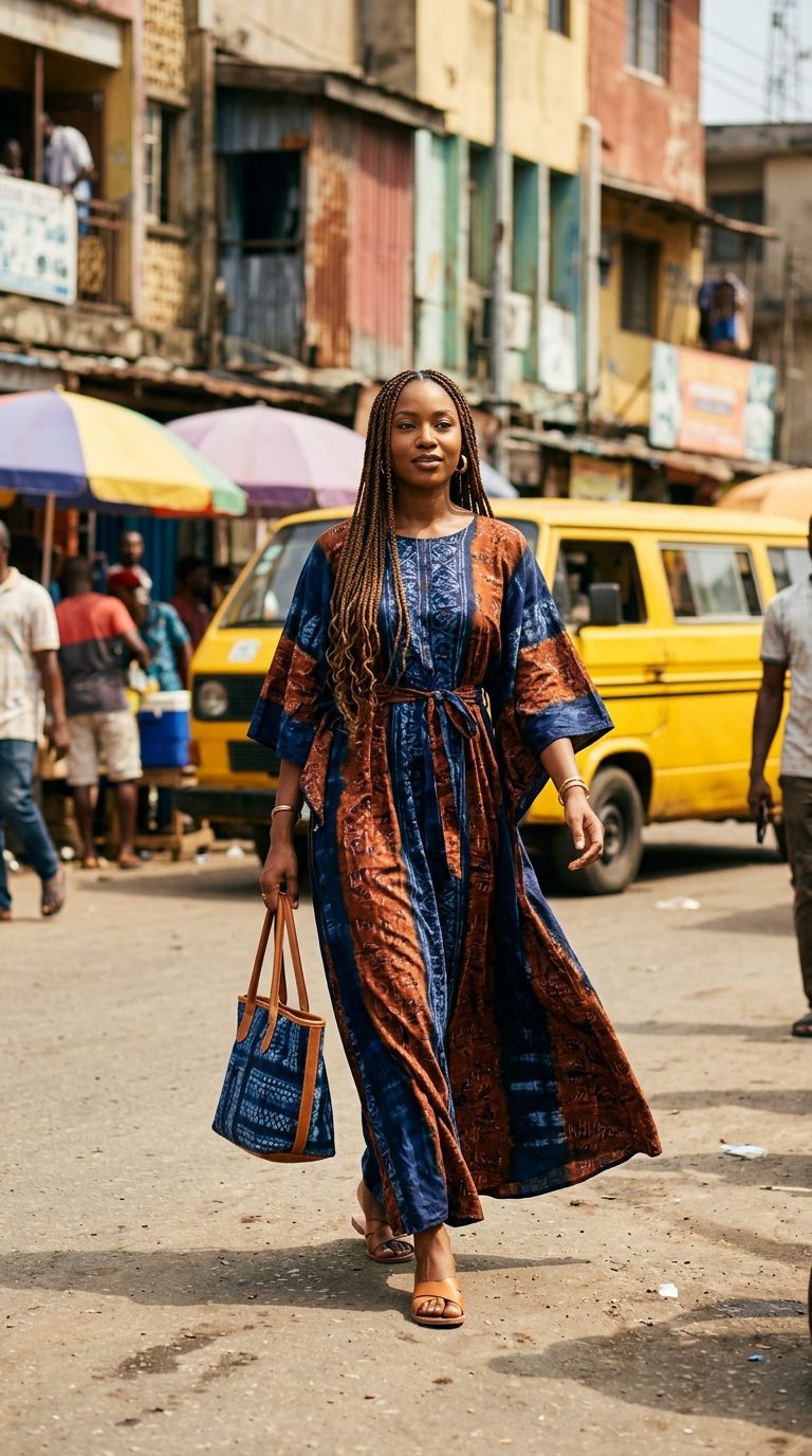 Model in adire maxi dress on a Lagos street